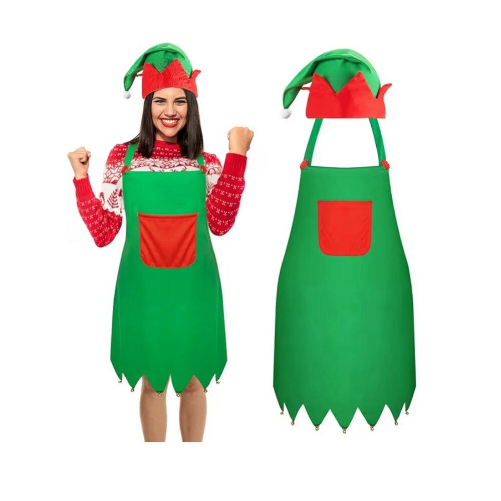 Christmas Elf Apron and Hat Set, Santa Aprons Hats Cosplay for Christmas Party C